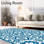 Classic Blue White Floral Damask Pattern Rug