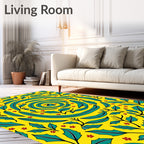 Vibrant Yellow Teal Swirl Floral Pattern Rug