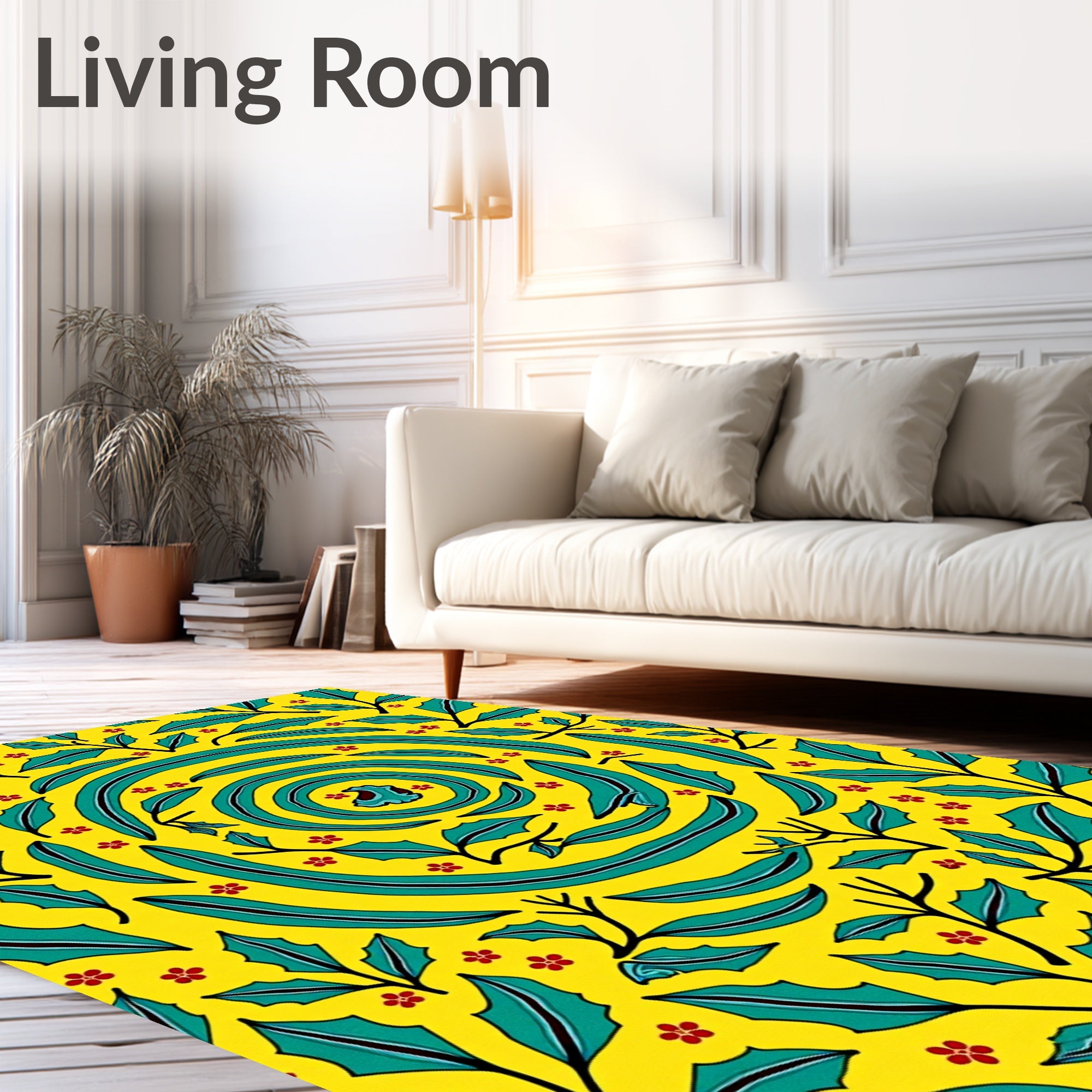 Vibrant Yellow Teal Swirl Floral Pattern Rug