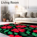 Vibrant Red Floral Black Garden Rug