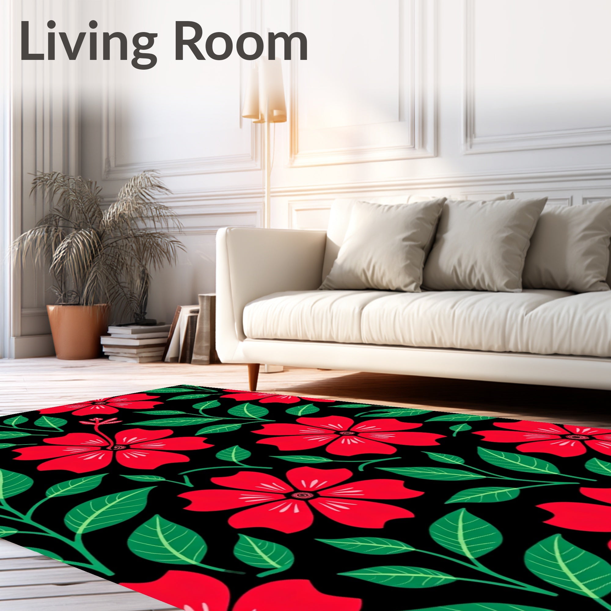 Vibrant Red Floral Black Garden Rug