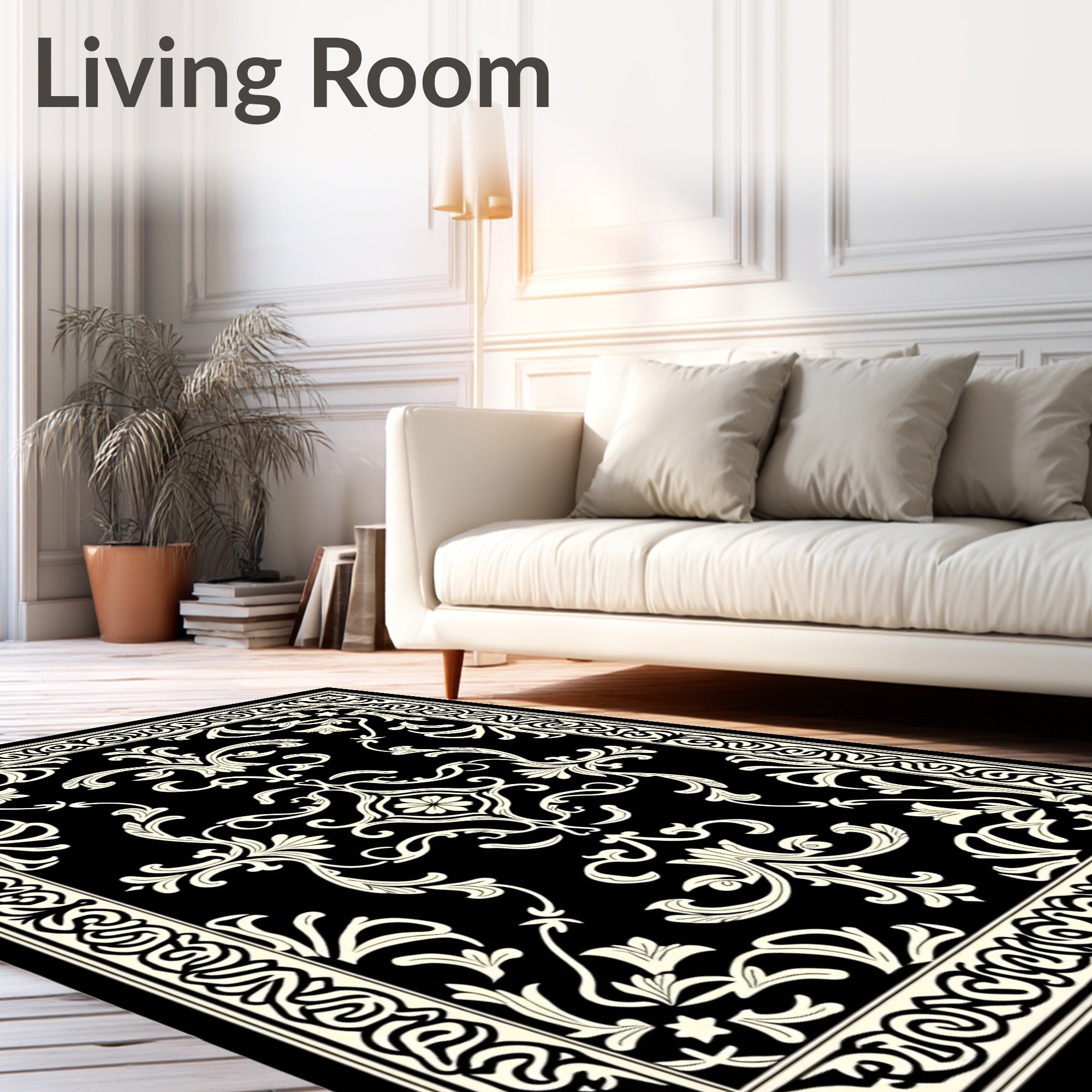 Classic Black Off-White Floral Border Rug