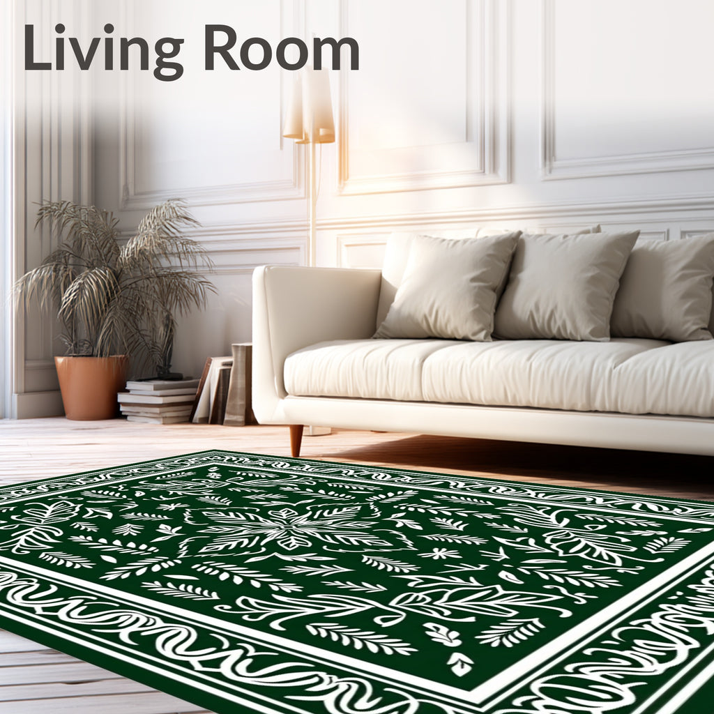 Dark Green White Botanical Floral Pattern Rug