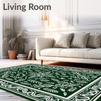 Dark Green White Botanical Floral Pattern Rug