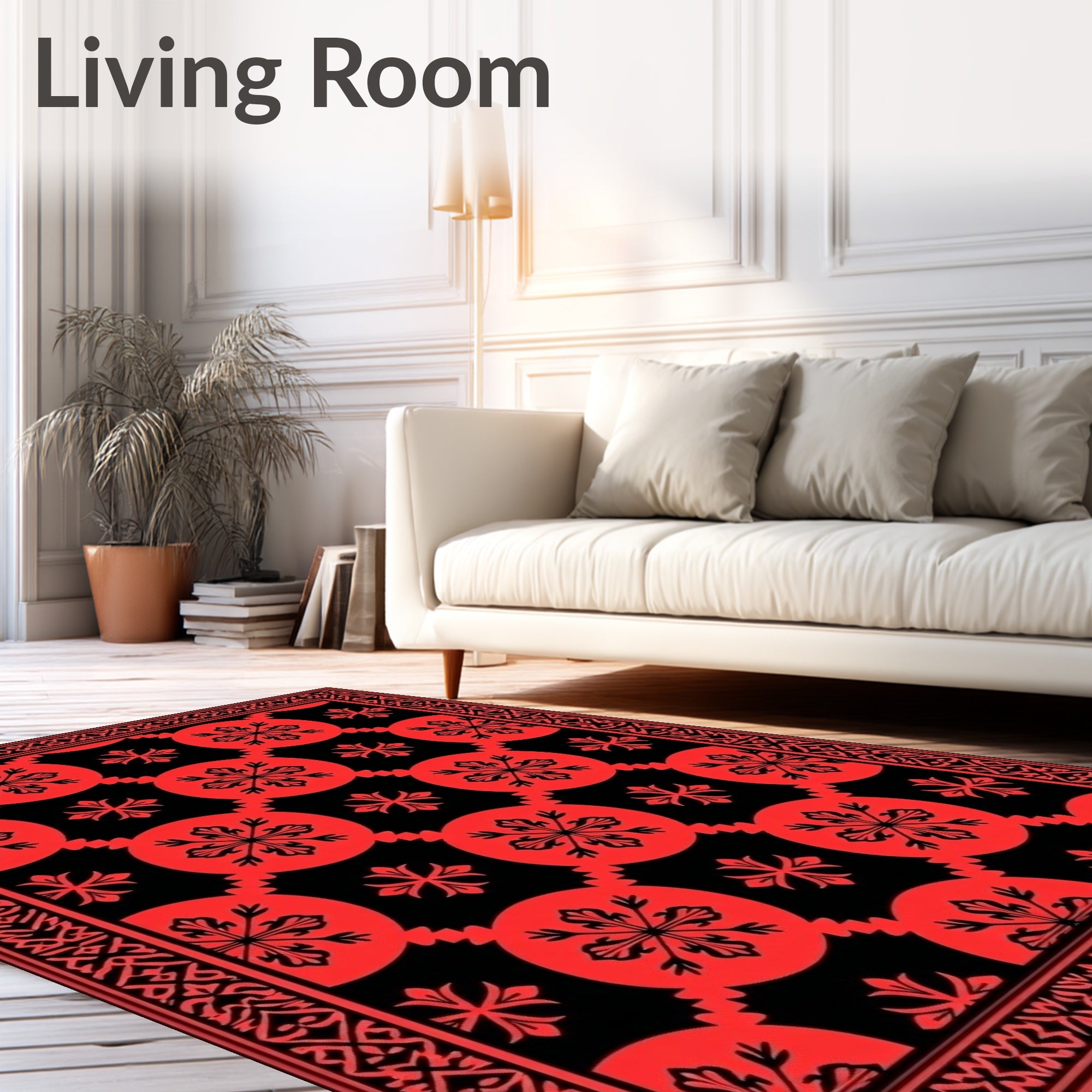 Bold Red Circular Floral Pattern Rug