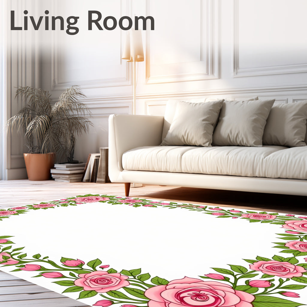Pink Rose Garland Floral Border Rug