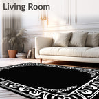 Ornate White Scrollwork Border Design Rug
