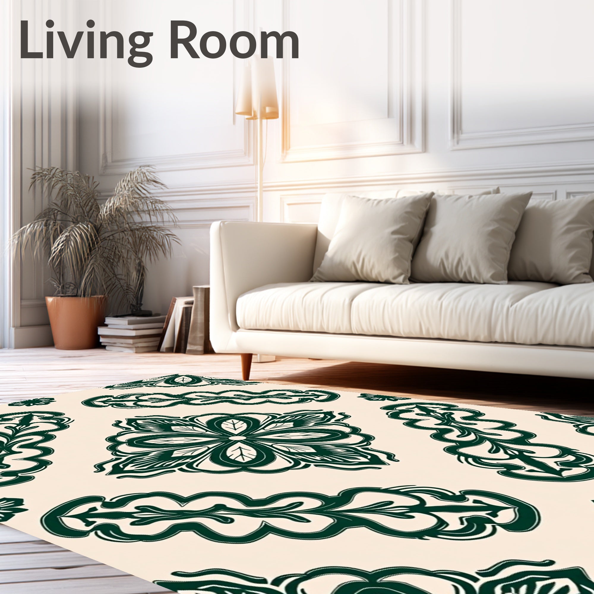 Dark Green Floral Arabesque Pattern Rug