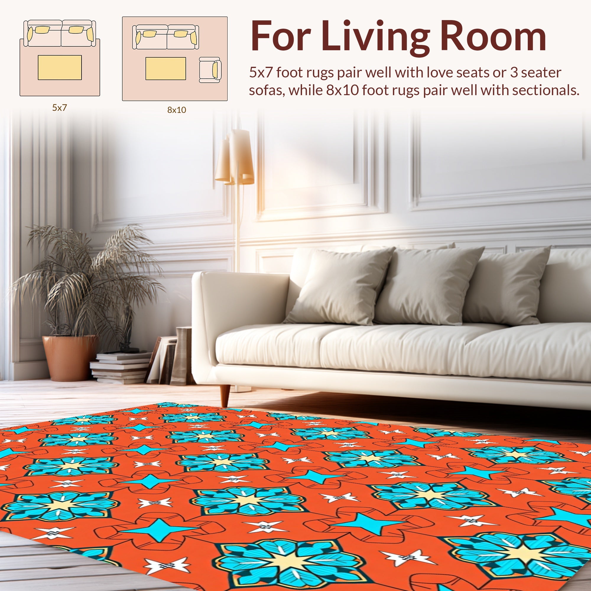 Orange Blue Starburst Floral Pattern Rug