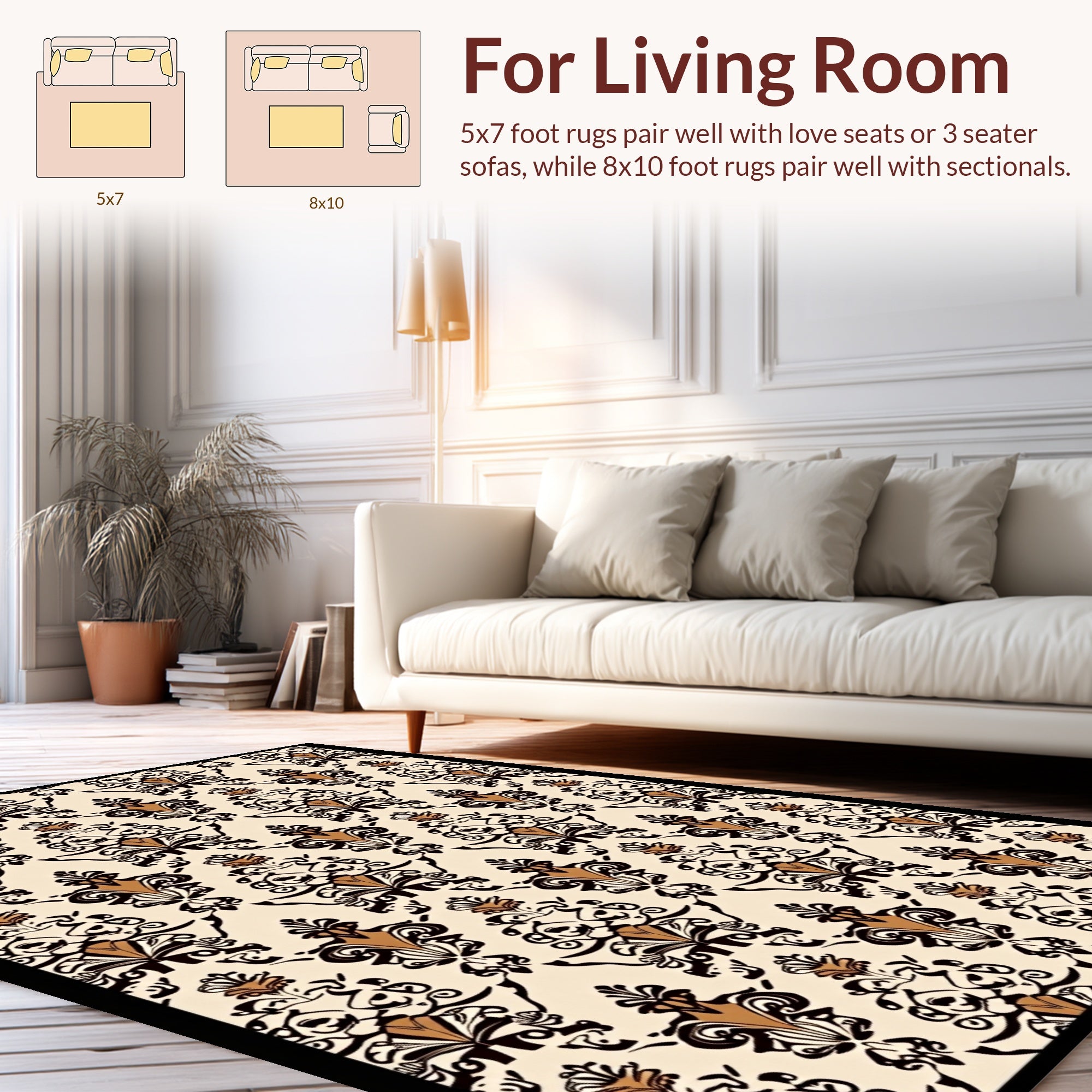 Classic Black Brown Damask Pattern Rug