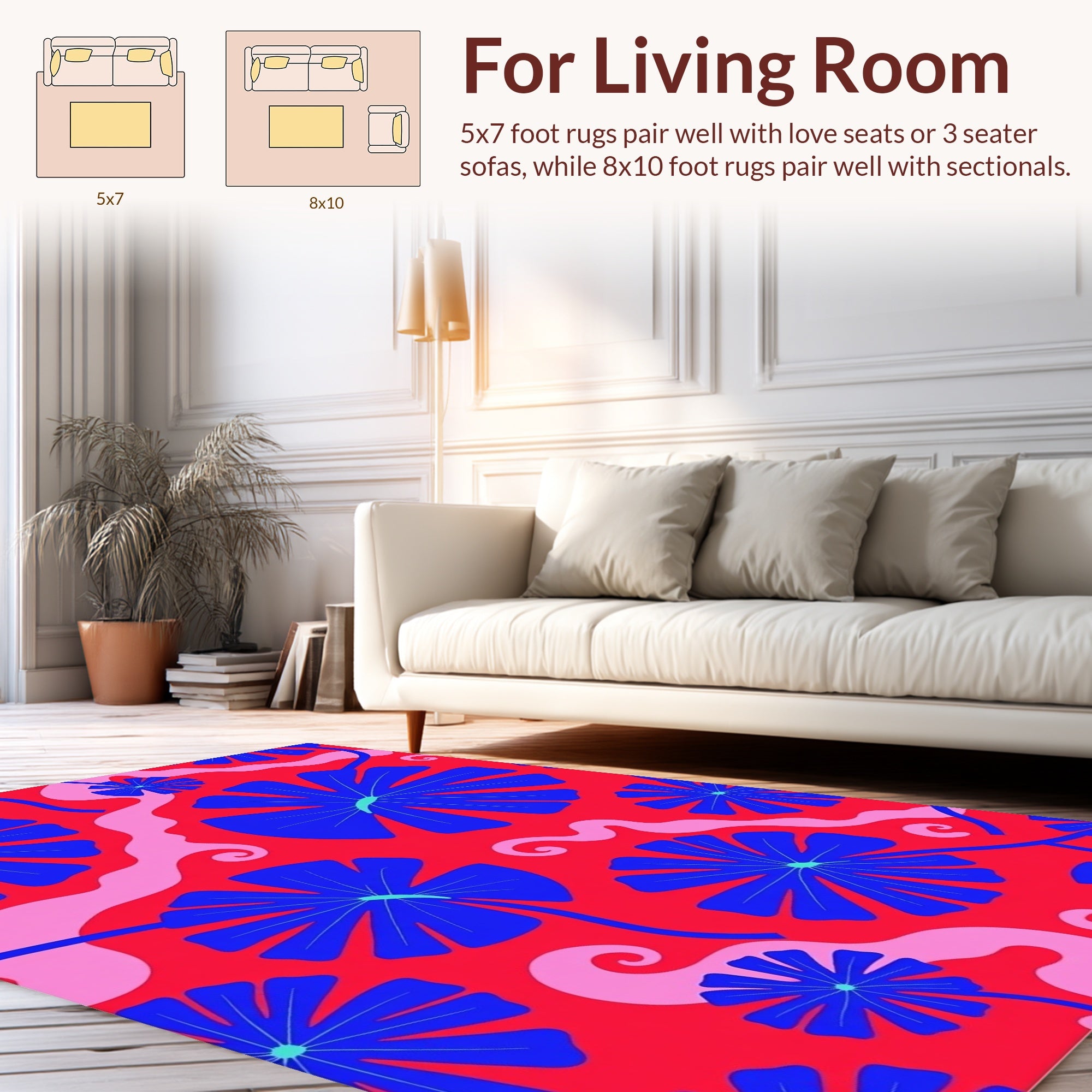 Bold Floral Swirls Red Blue Design Rug