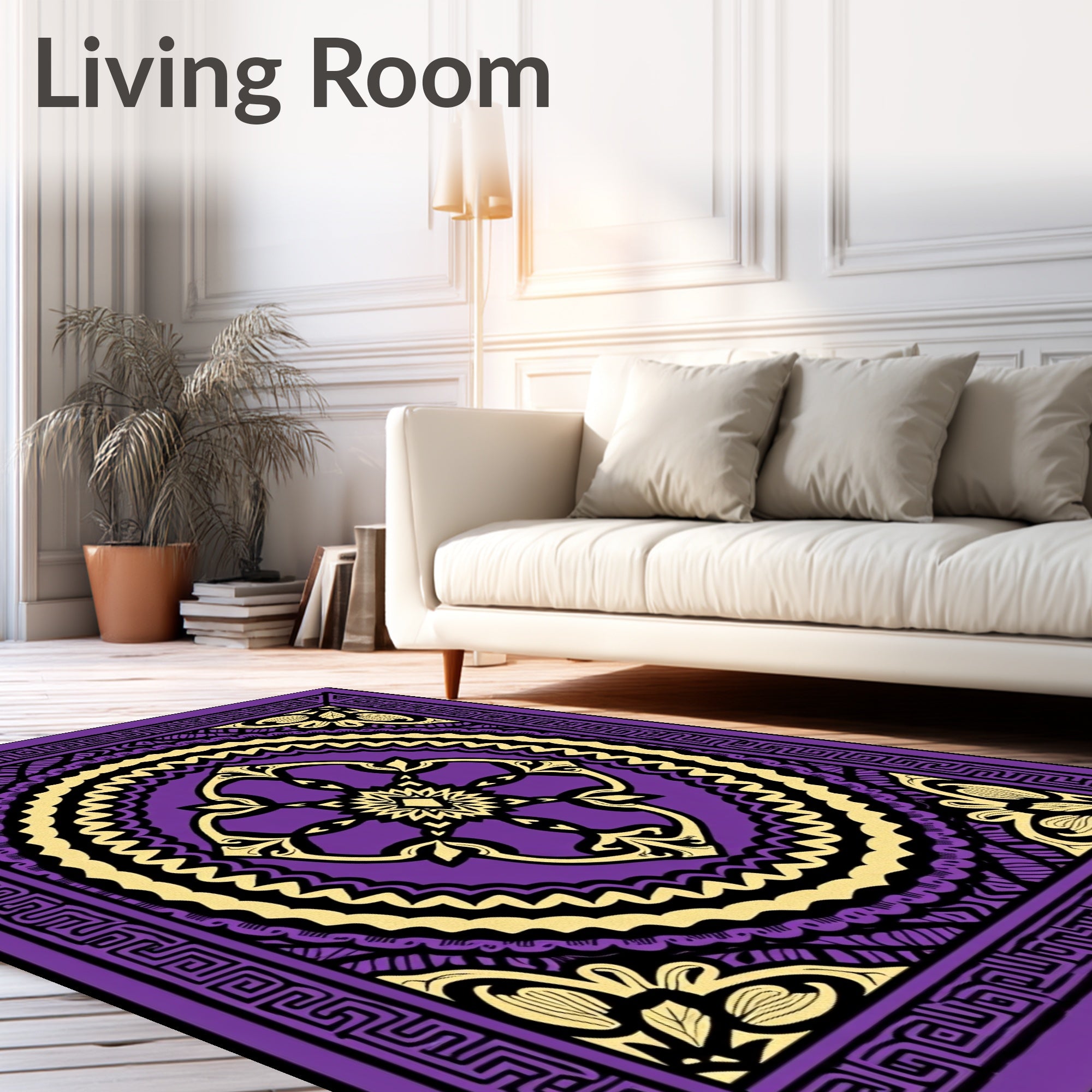 Vibrant Purple Golden Floral Mandala Rug