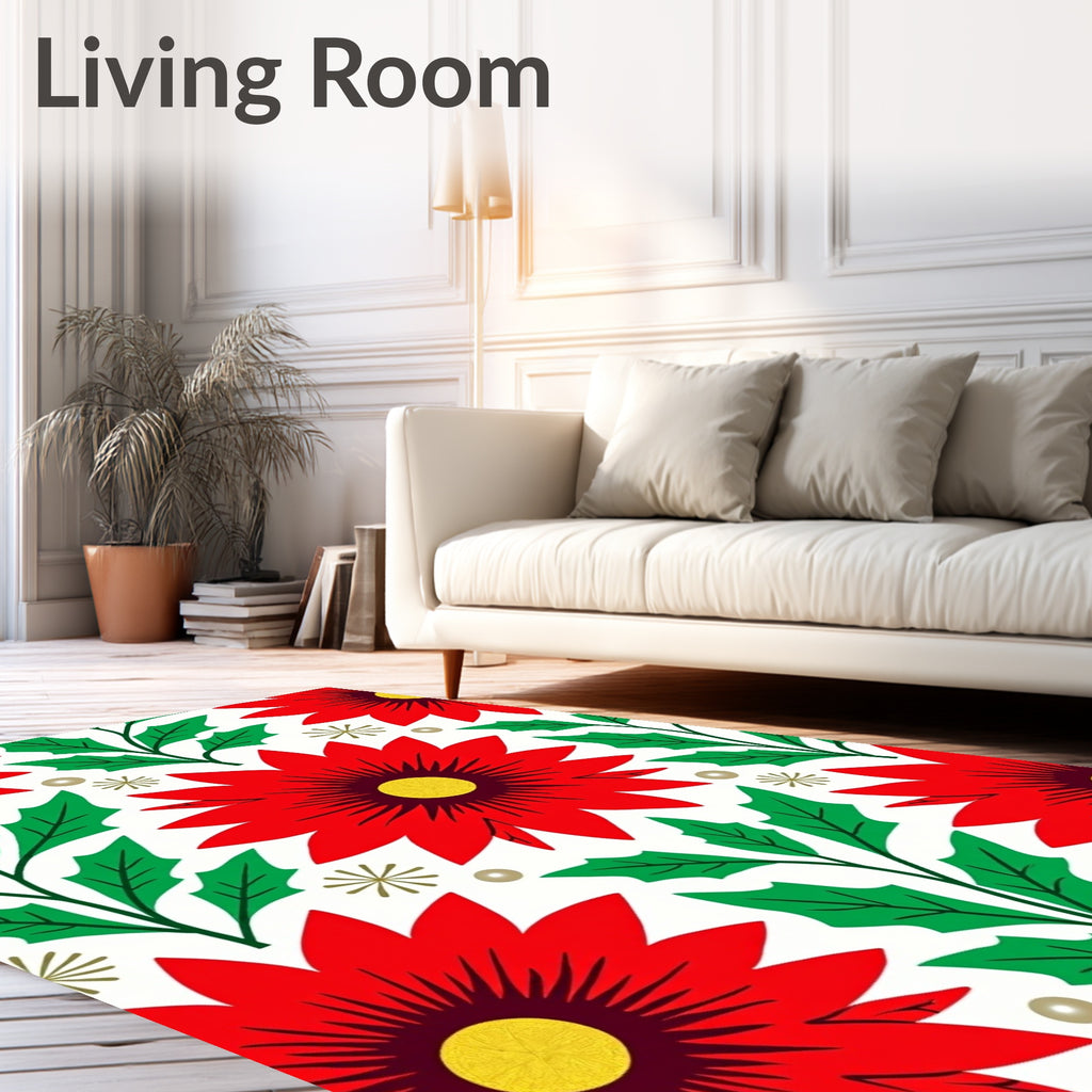 Festive Red Poinsettia Holly Garland Rug