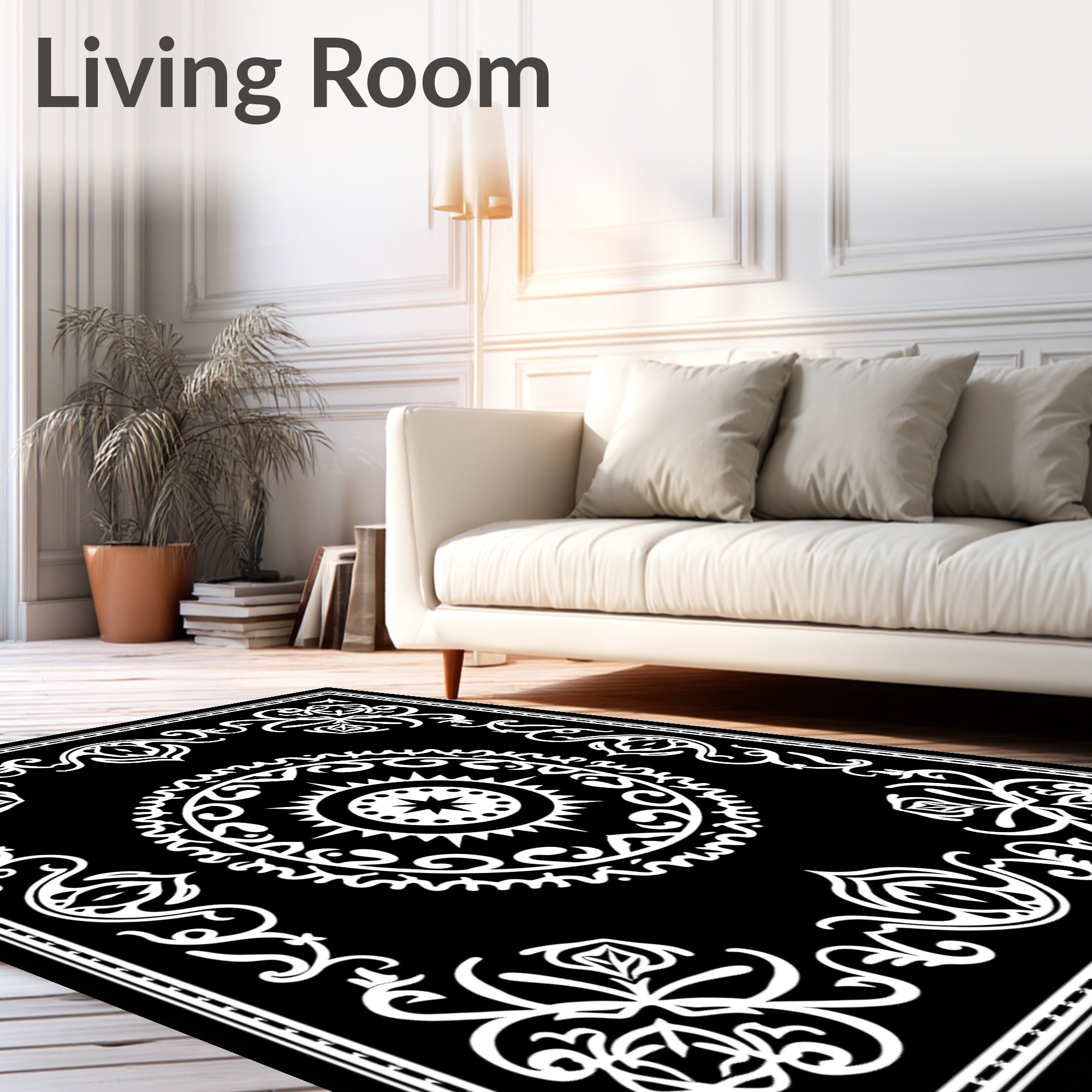 Ornate Floral Mandala Black and White Design Rug