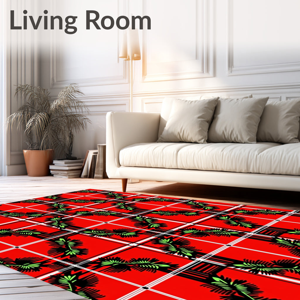 Bold Red Tartan Floral Pattern Rug