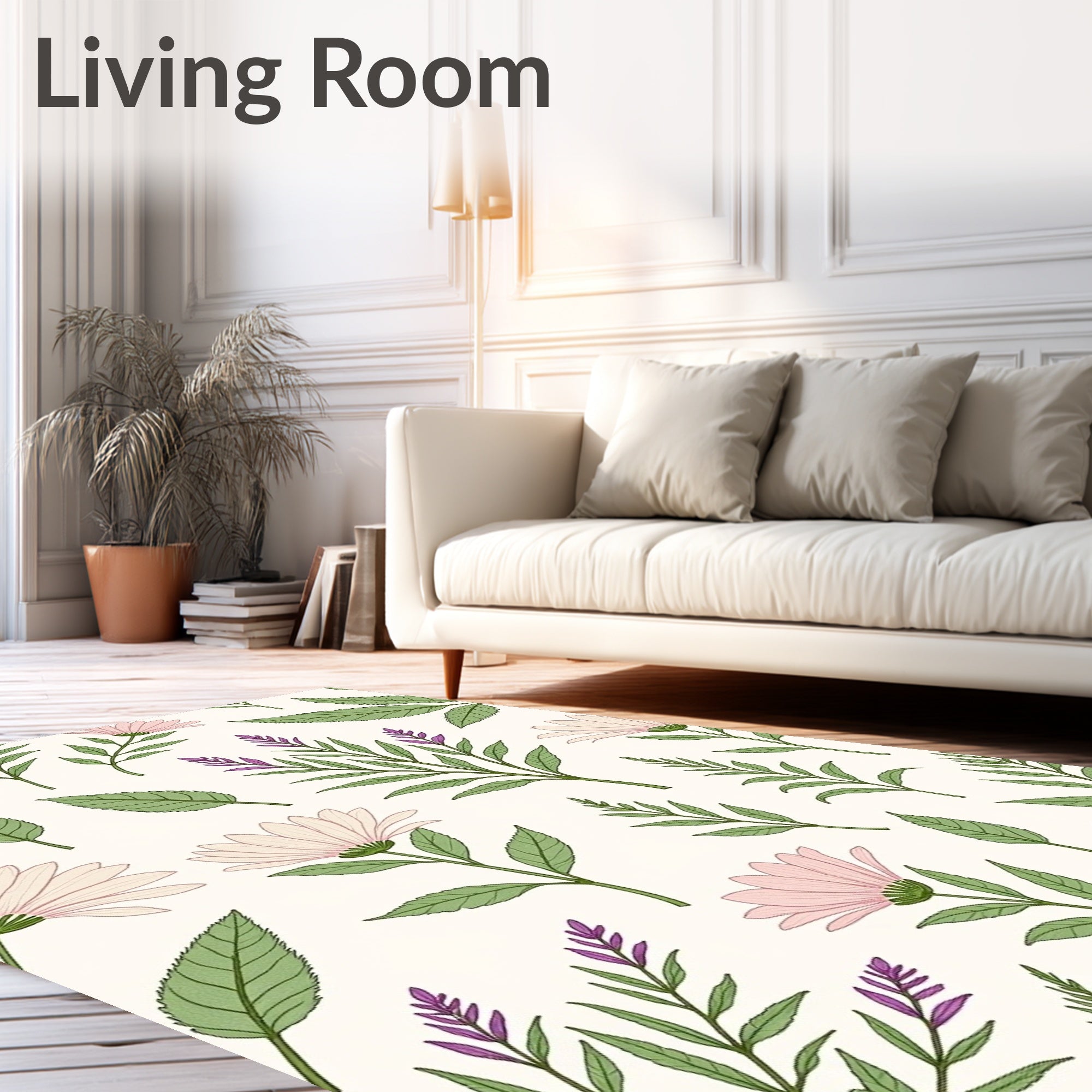 Botanical Leaf and Flower Pattern Rug