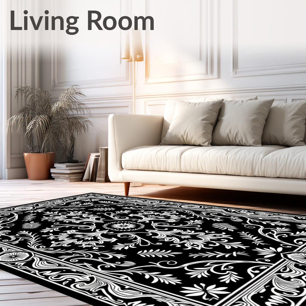Classic Black White Floral Damask Rug