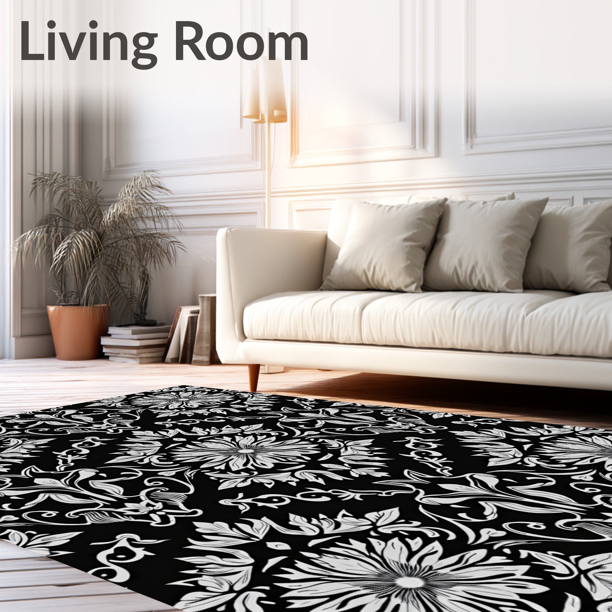 Classic Black White Floral Damask Rug