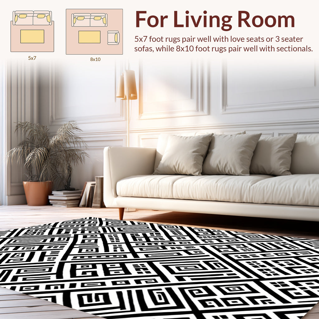 Black White Geometric Maze Pattern Rug