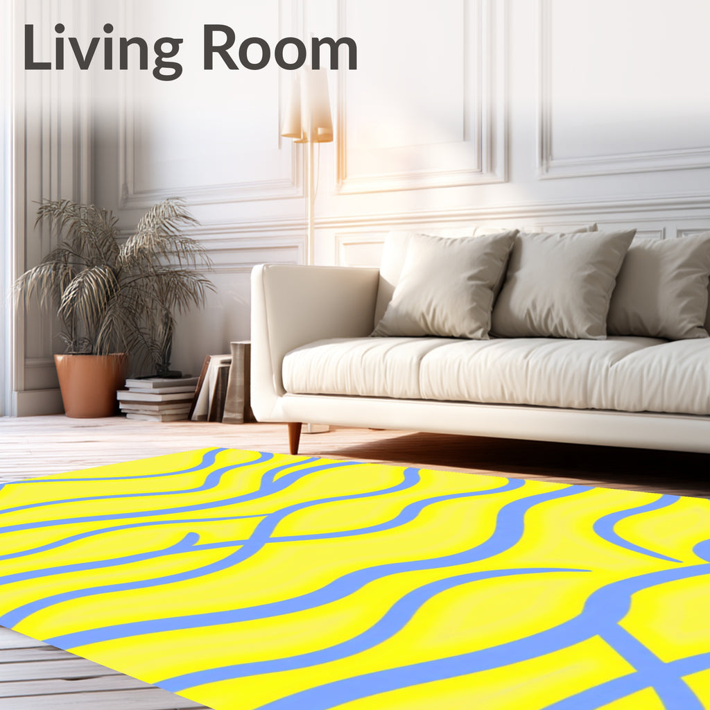 Bright Yellow Blue Wavy Abstract Design Rug