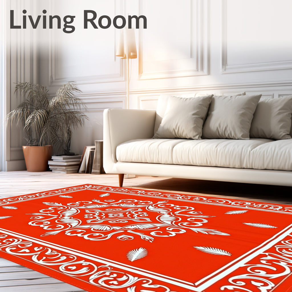 Bold Orange White Floral Scroll Pattern Rug