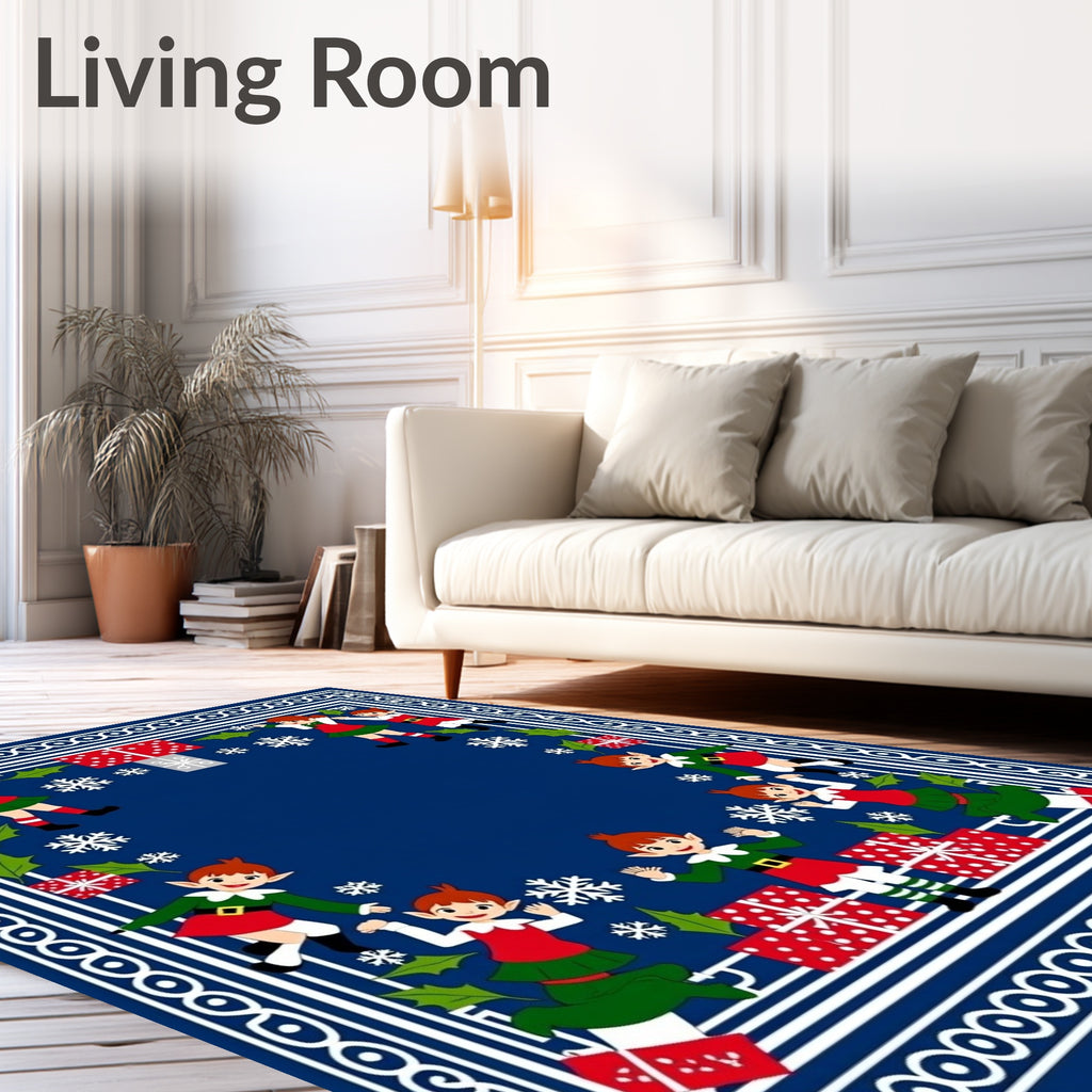 Christmas Elves Presents Snowflake Border Design Rug