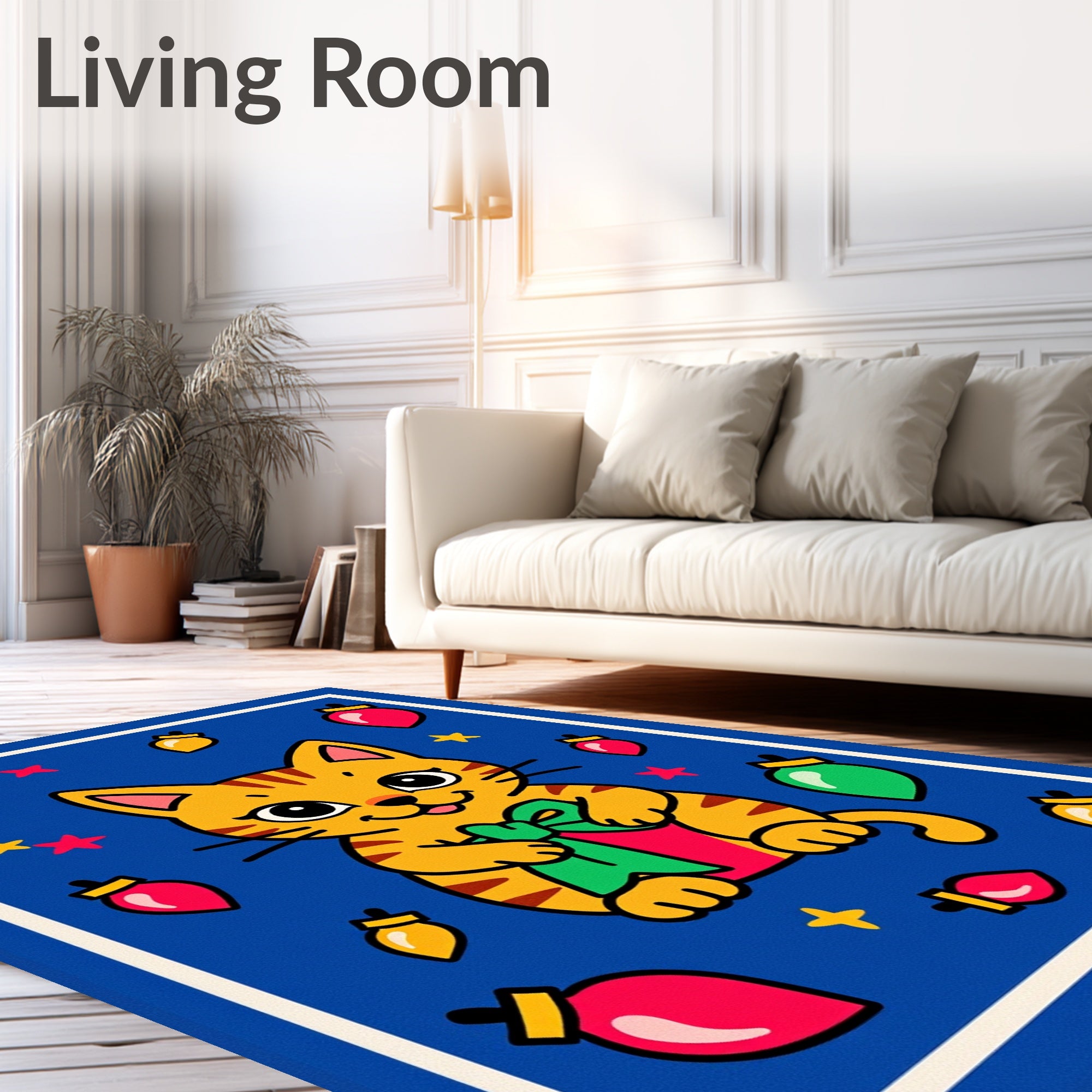 Whimsical Kitty With Present Pattern Rug
