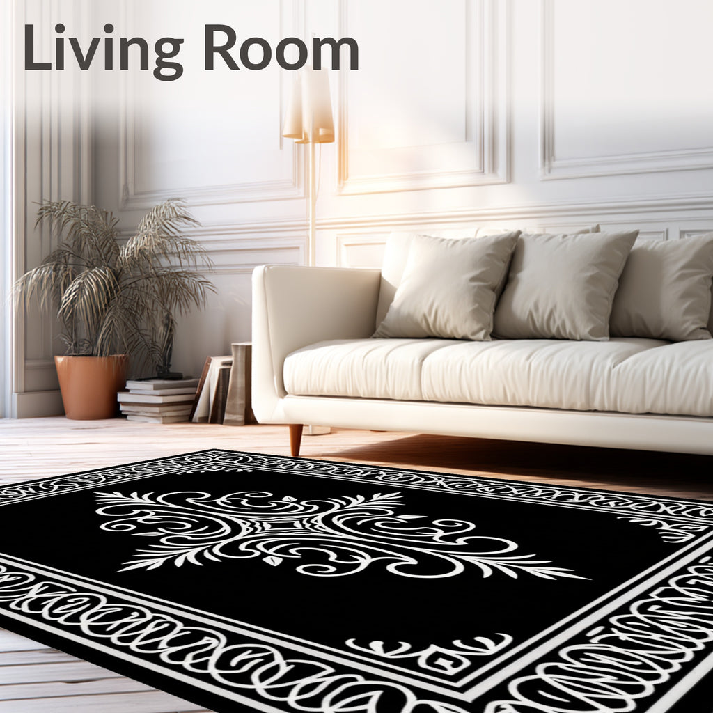 Elegant Black White Filigree Scroll Pattern Rug