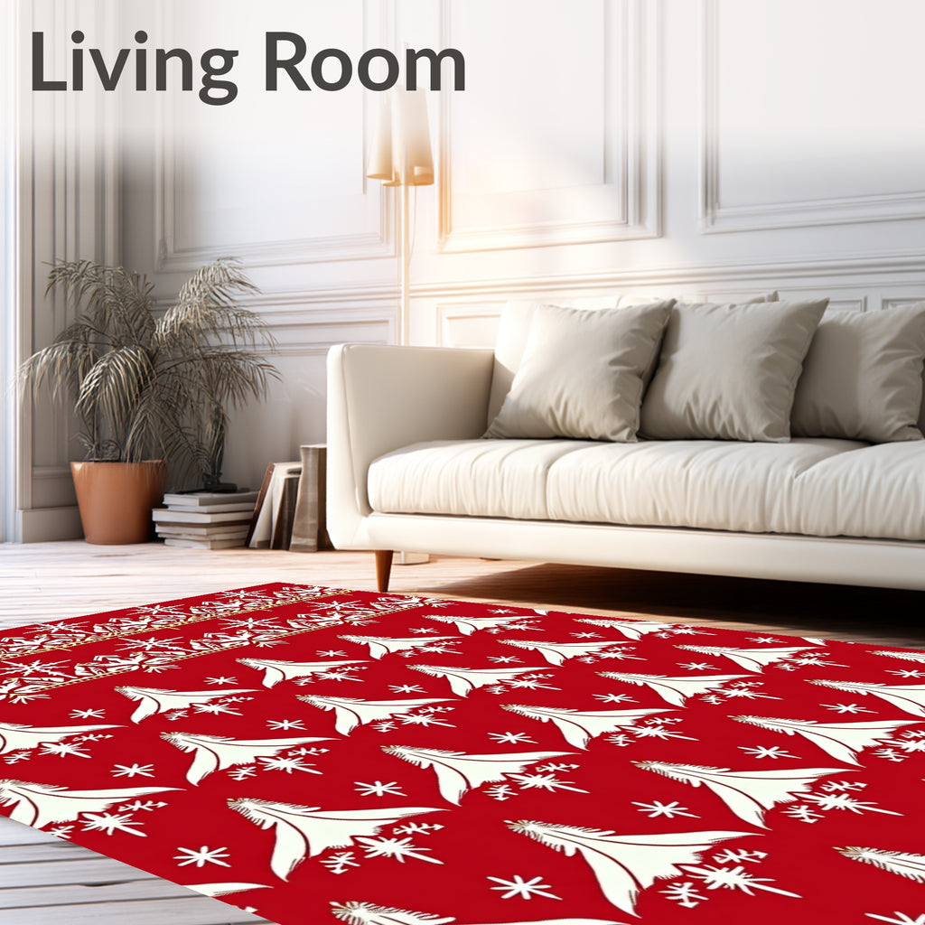 Crimson White Snowflake Tree Border Rug
