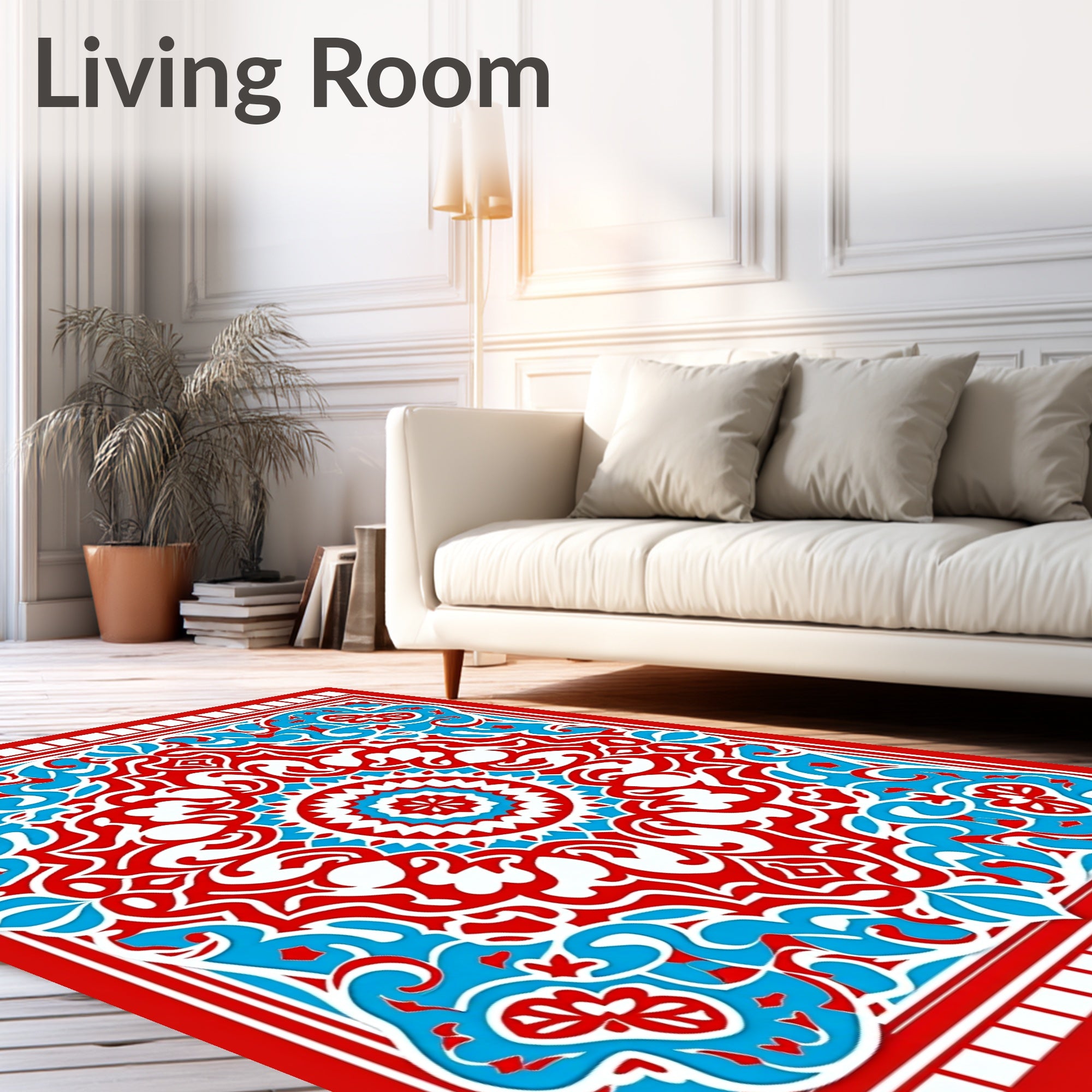 Red Blue White Intricate Mandala Design Rug