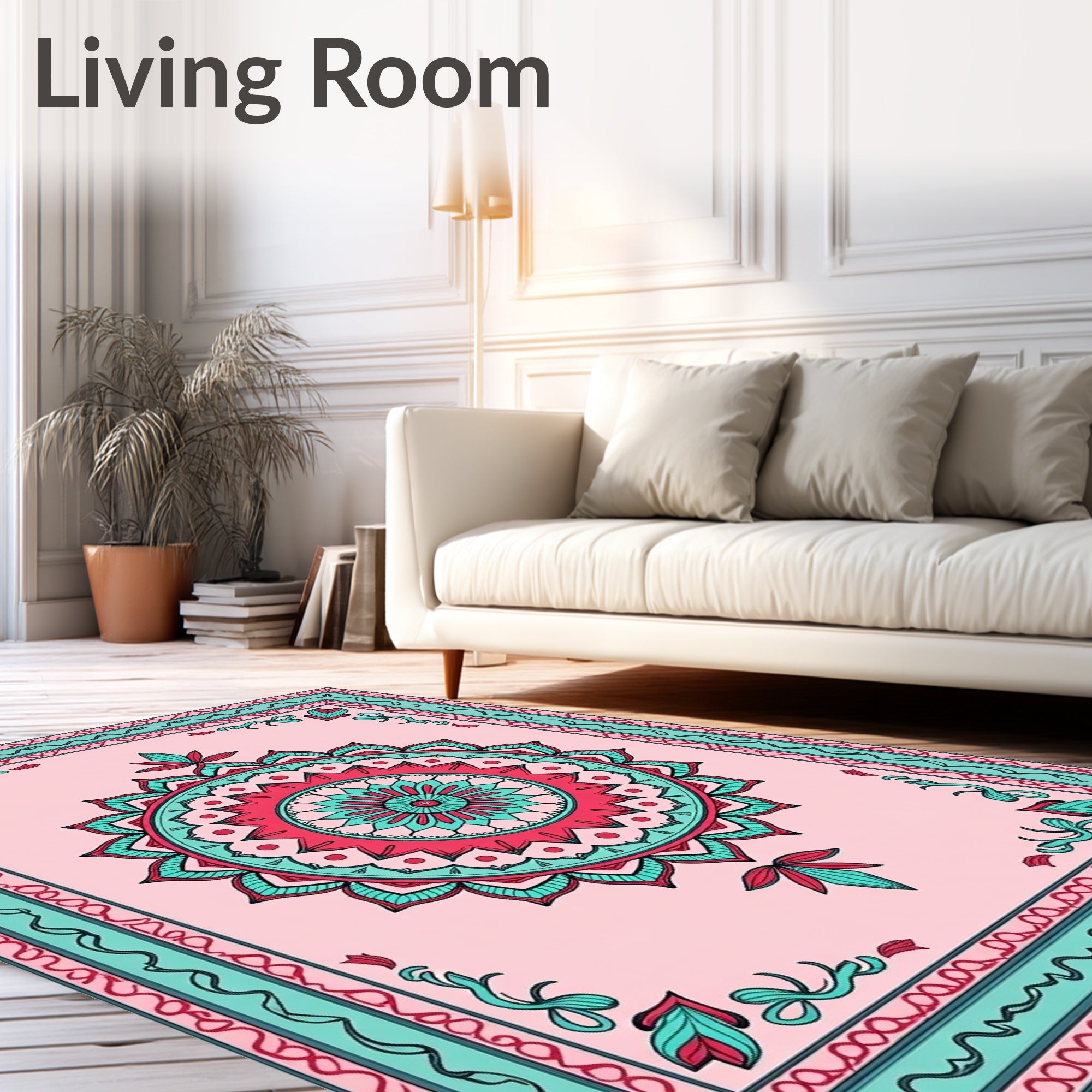 Pink Teal Mandala Inspired Floral Pattern Rug