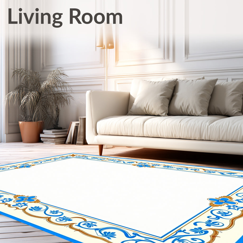 Ornate Blue Gold Floral Border Rug