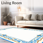 Ornate Blue Gold Floral Border Rug
