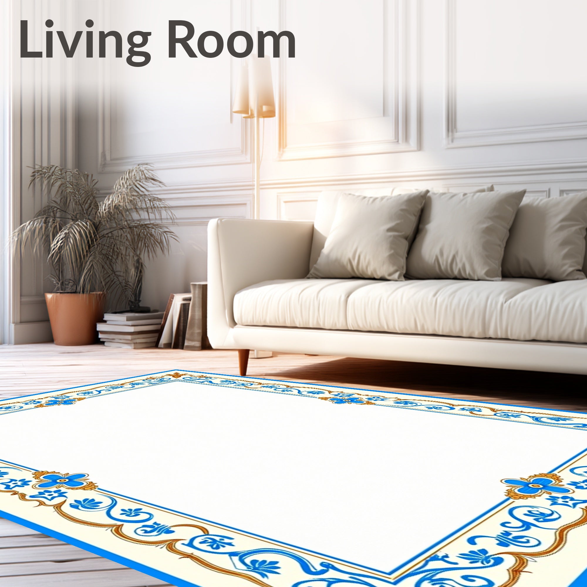 Ornate Blue Gold Floral Border Rug