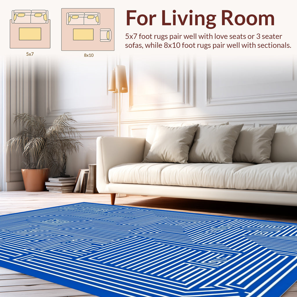 Abstract Blue White Geometric Maze Design Rug
