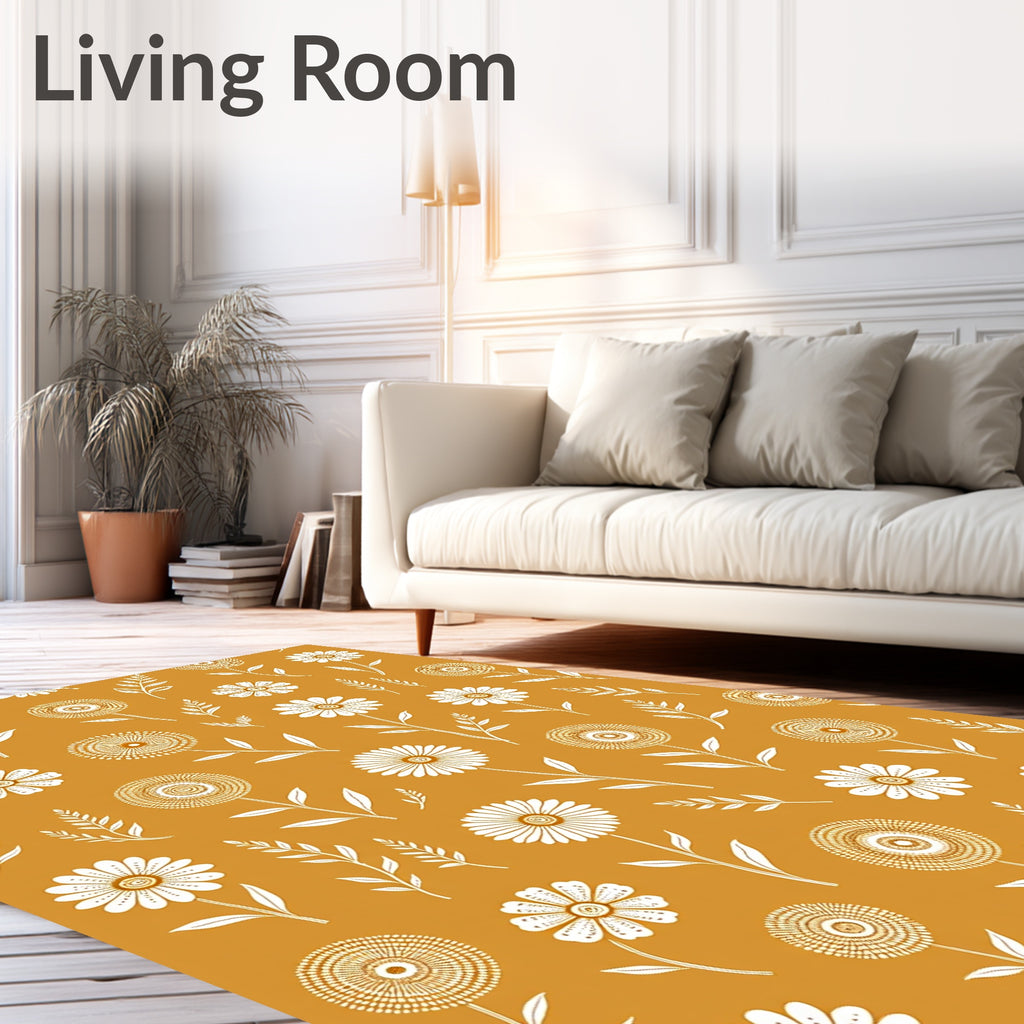 Golden Orange Floral Daisy Pattern Rug