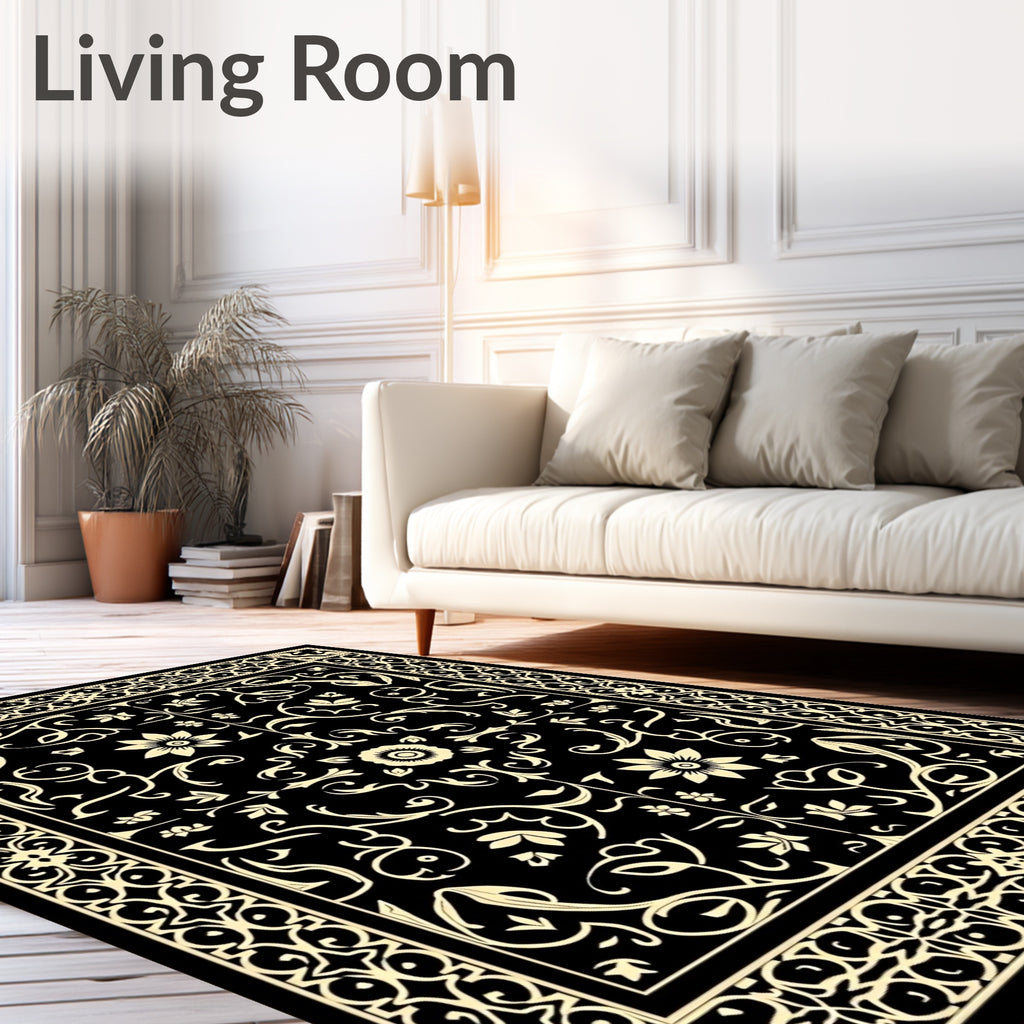 Black Cream Floral Scrollwork Rug