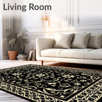 Black Cream Floral Scrollwork Rug