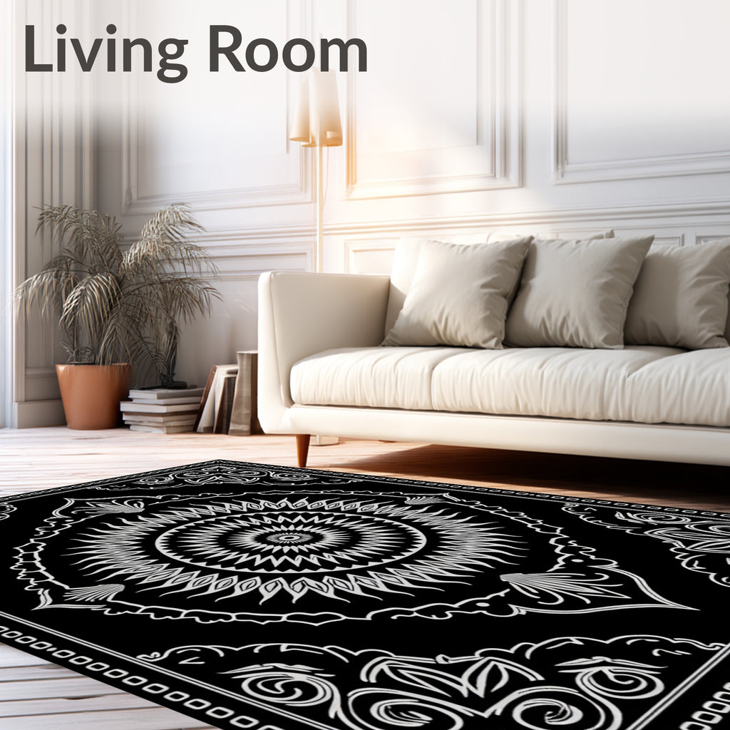 Black White Sunburst Mandala Pattern Rug