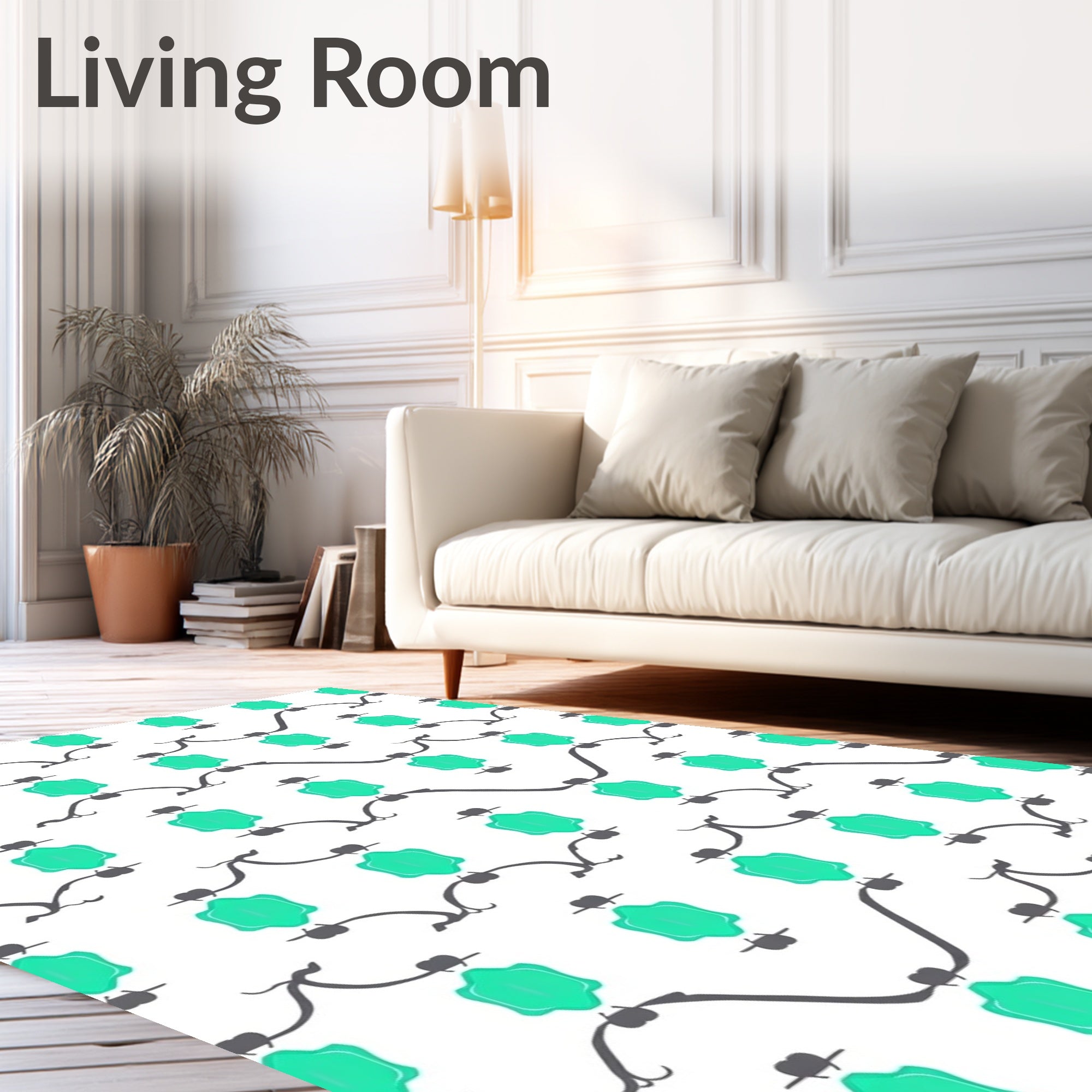 Teal Geometric Swirling Vine Pattern Rug