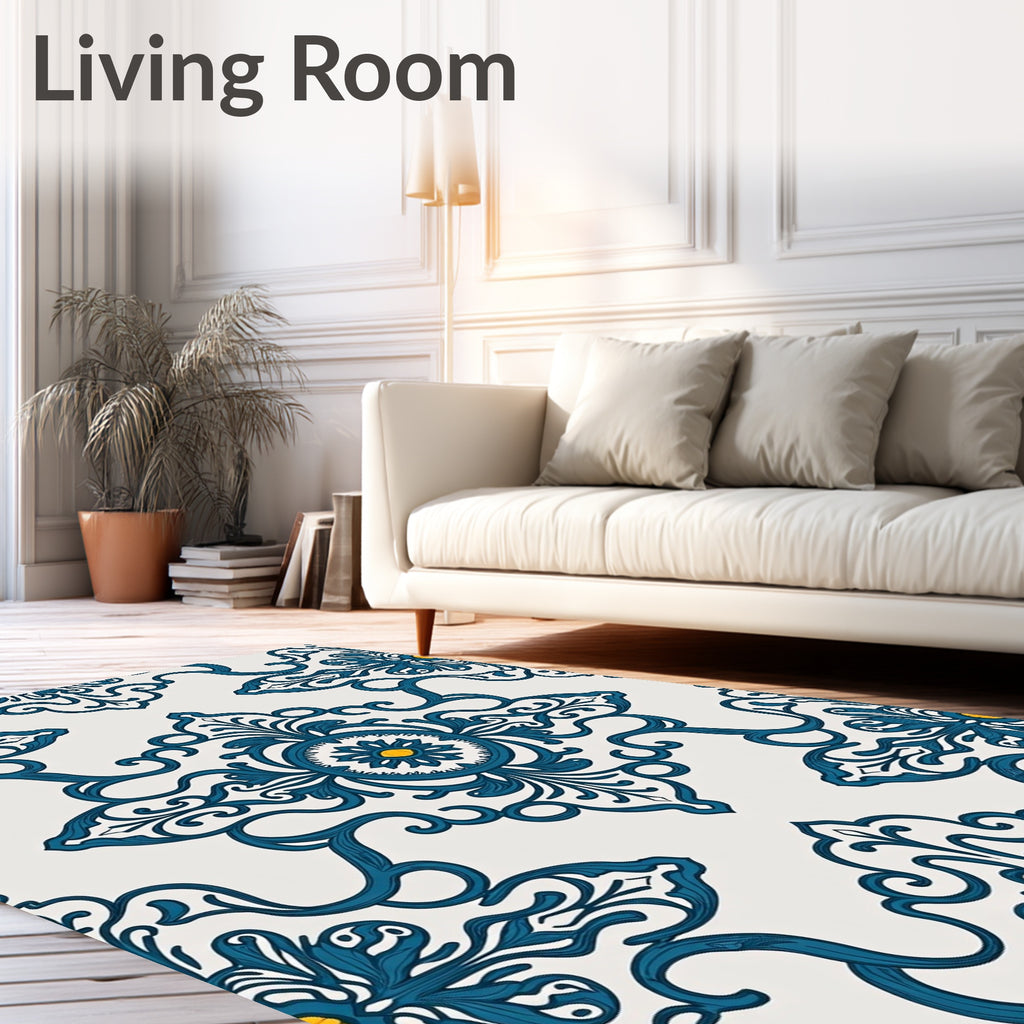 Damask Floral Blue Yellow Pattern Rug