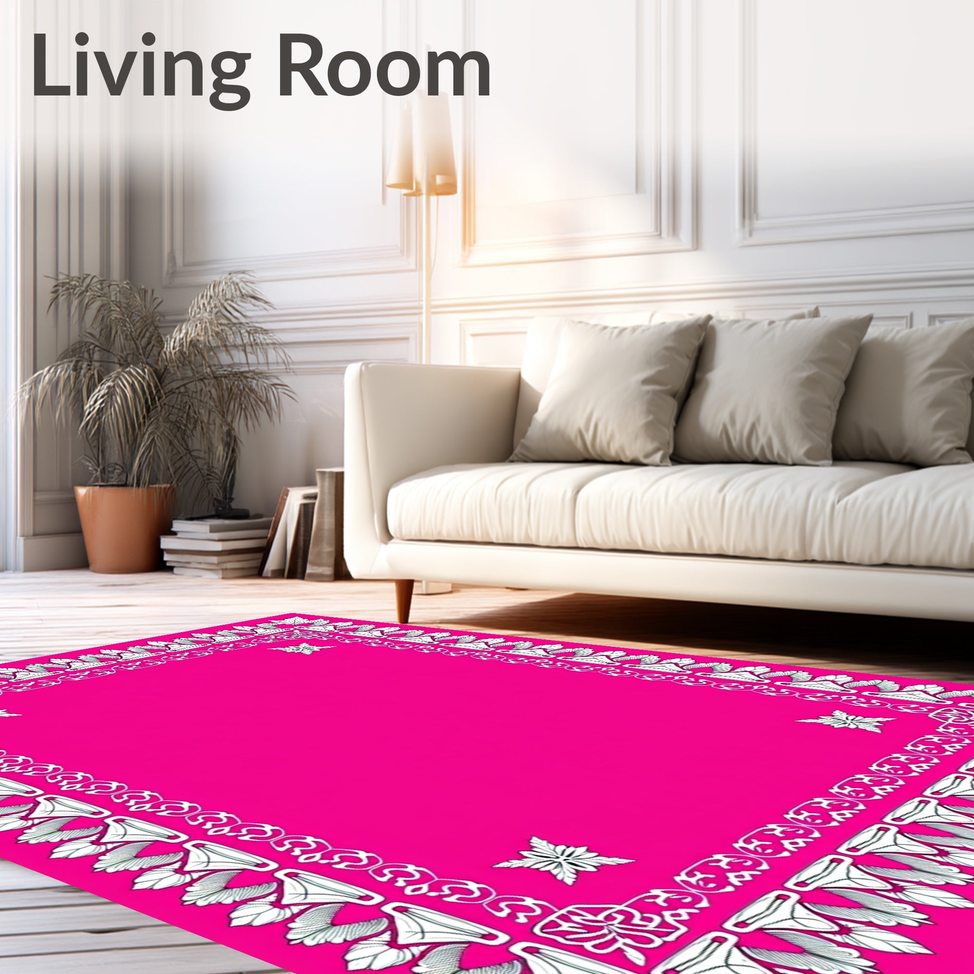Ornate Pink Floral Leaf Border Rug