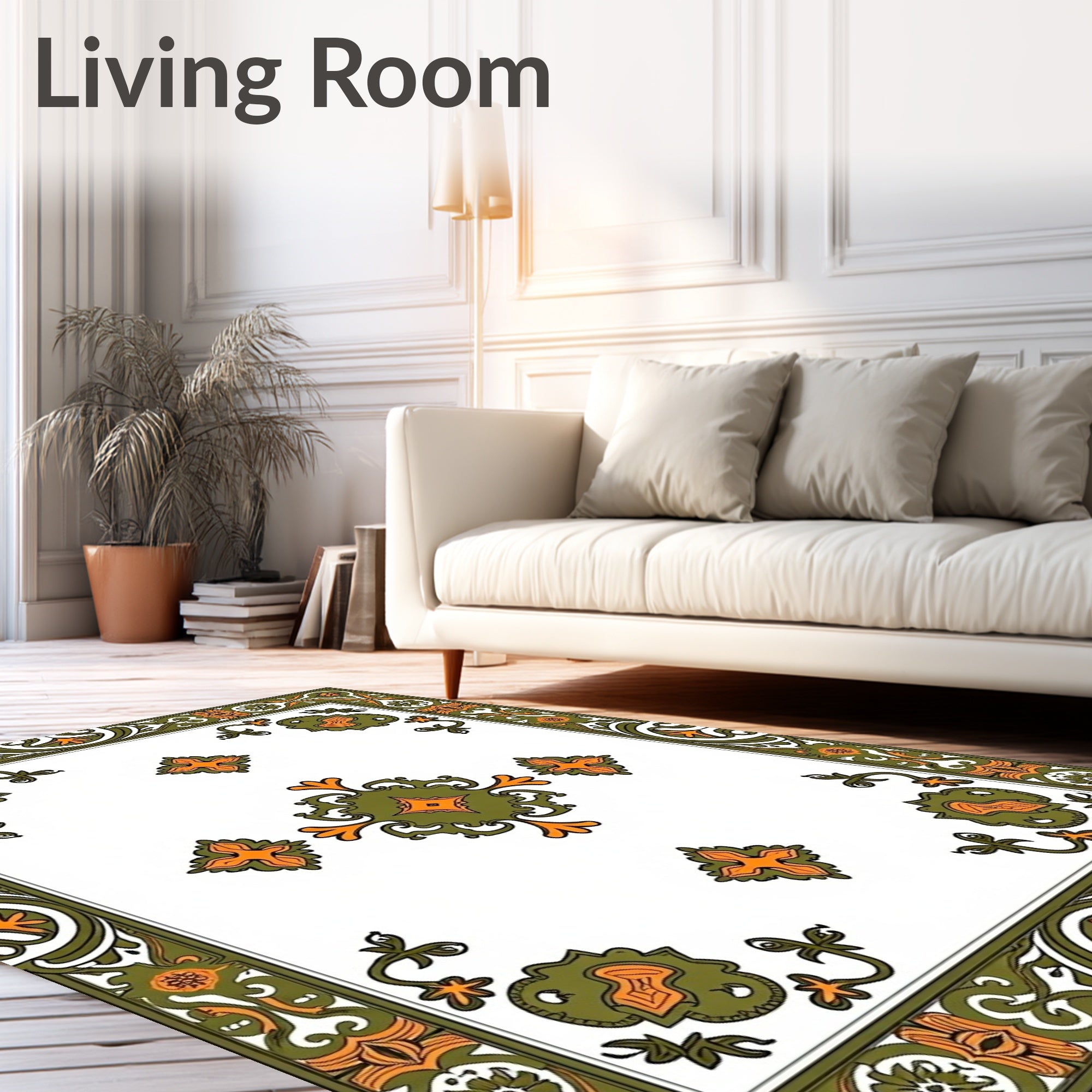 Ornate Green Orange Floral Print Rug