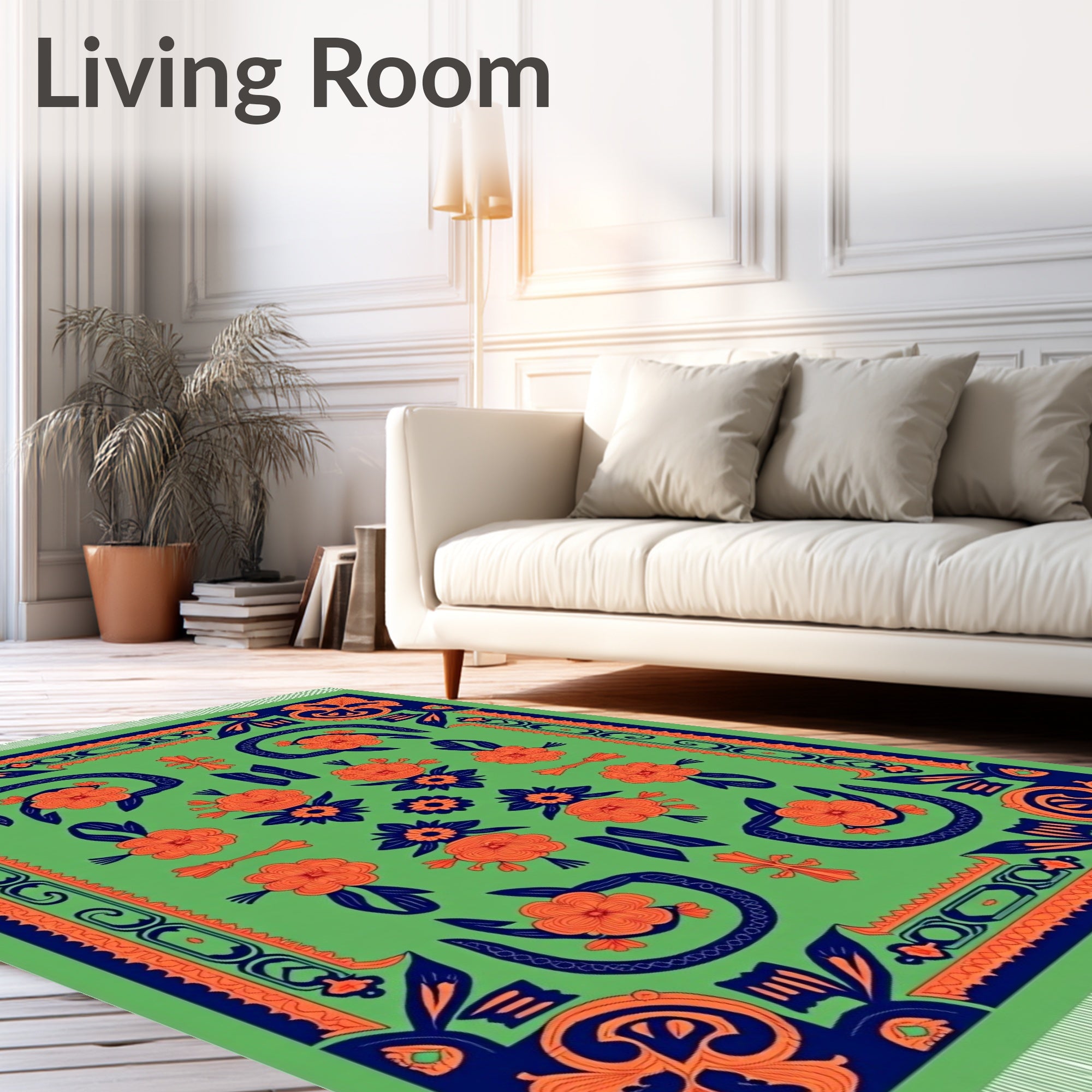 Vibrant Orange Floral Border Rug