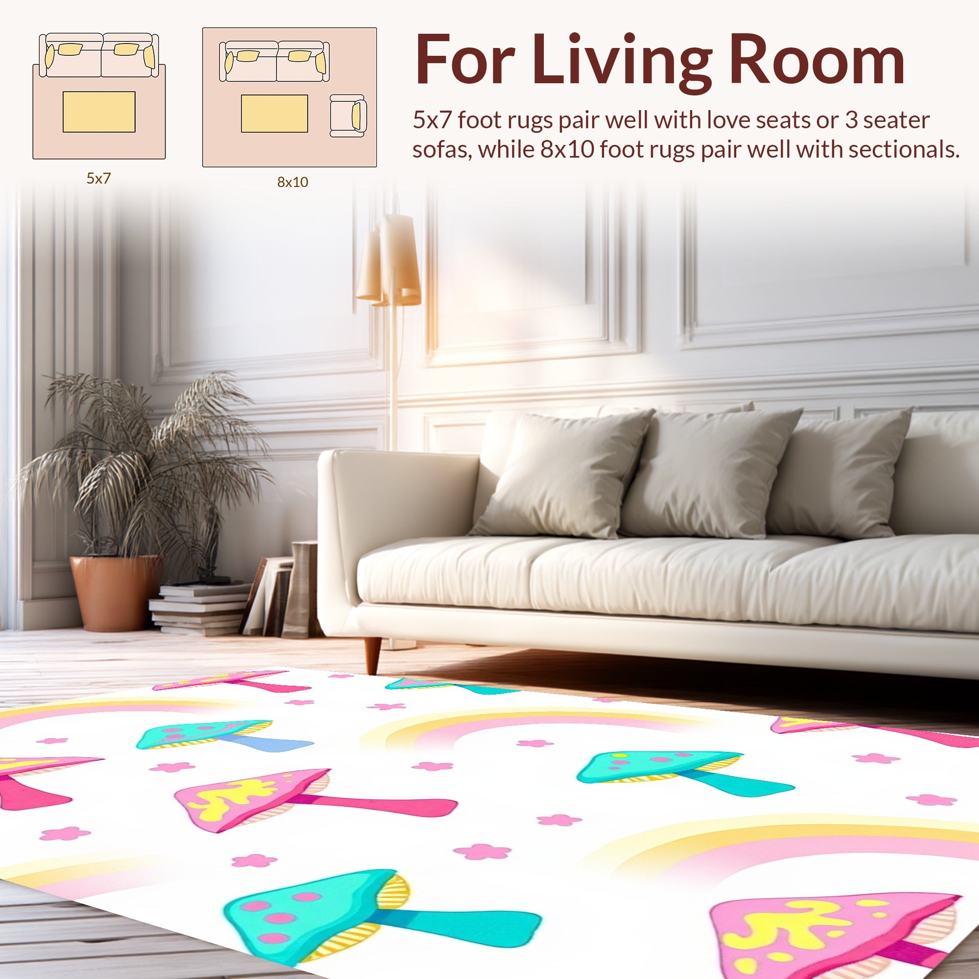 Whimsical Mushroom Rainbow Pattern Rug