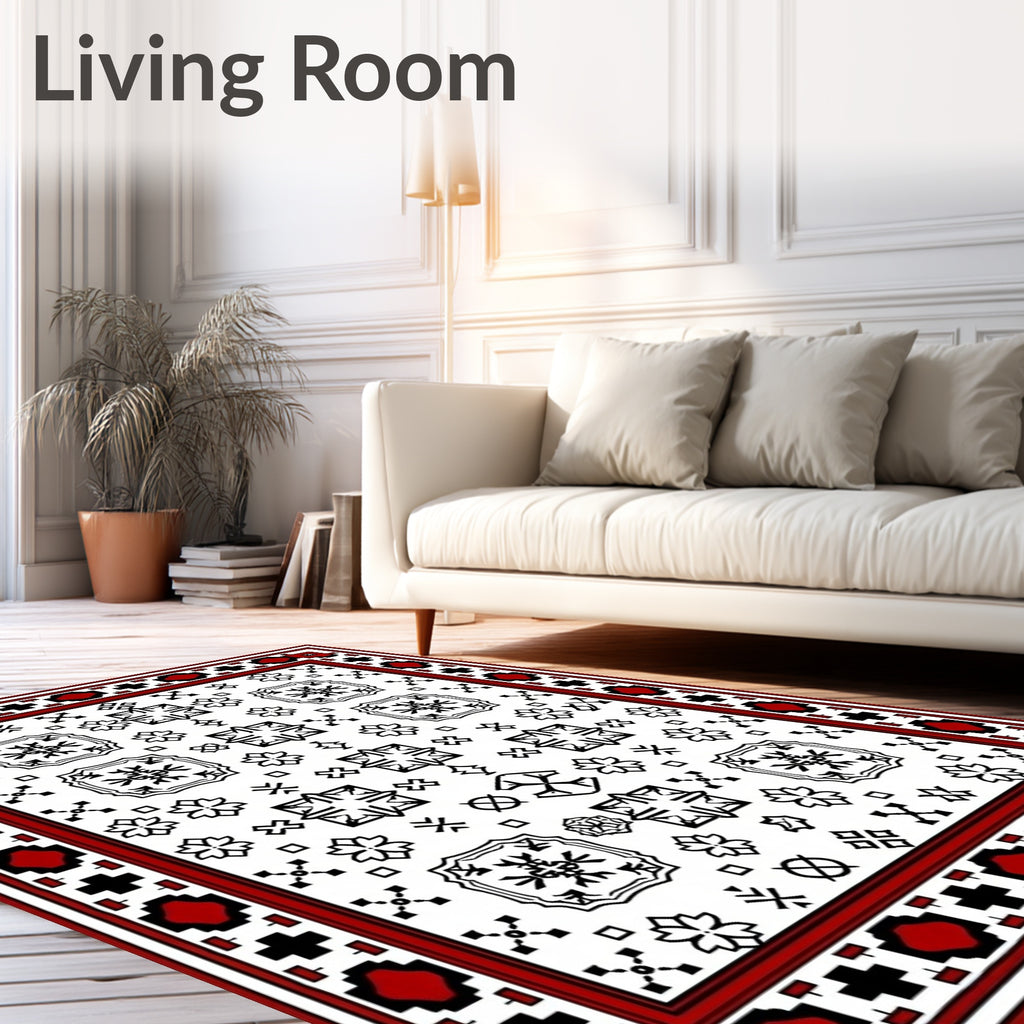 Red Black White Geometric Floral Pattern Rug