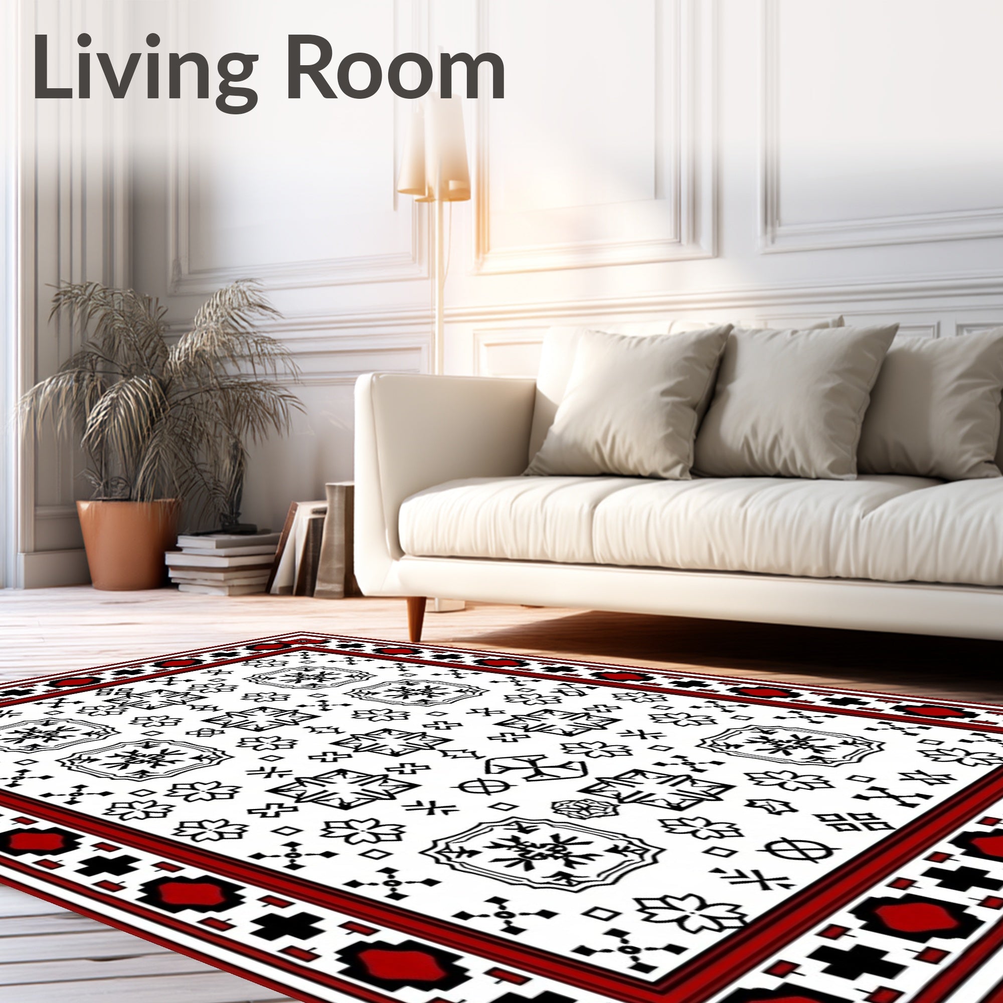 Red Black White Geometric Floral Pattern Rug