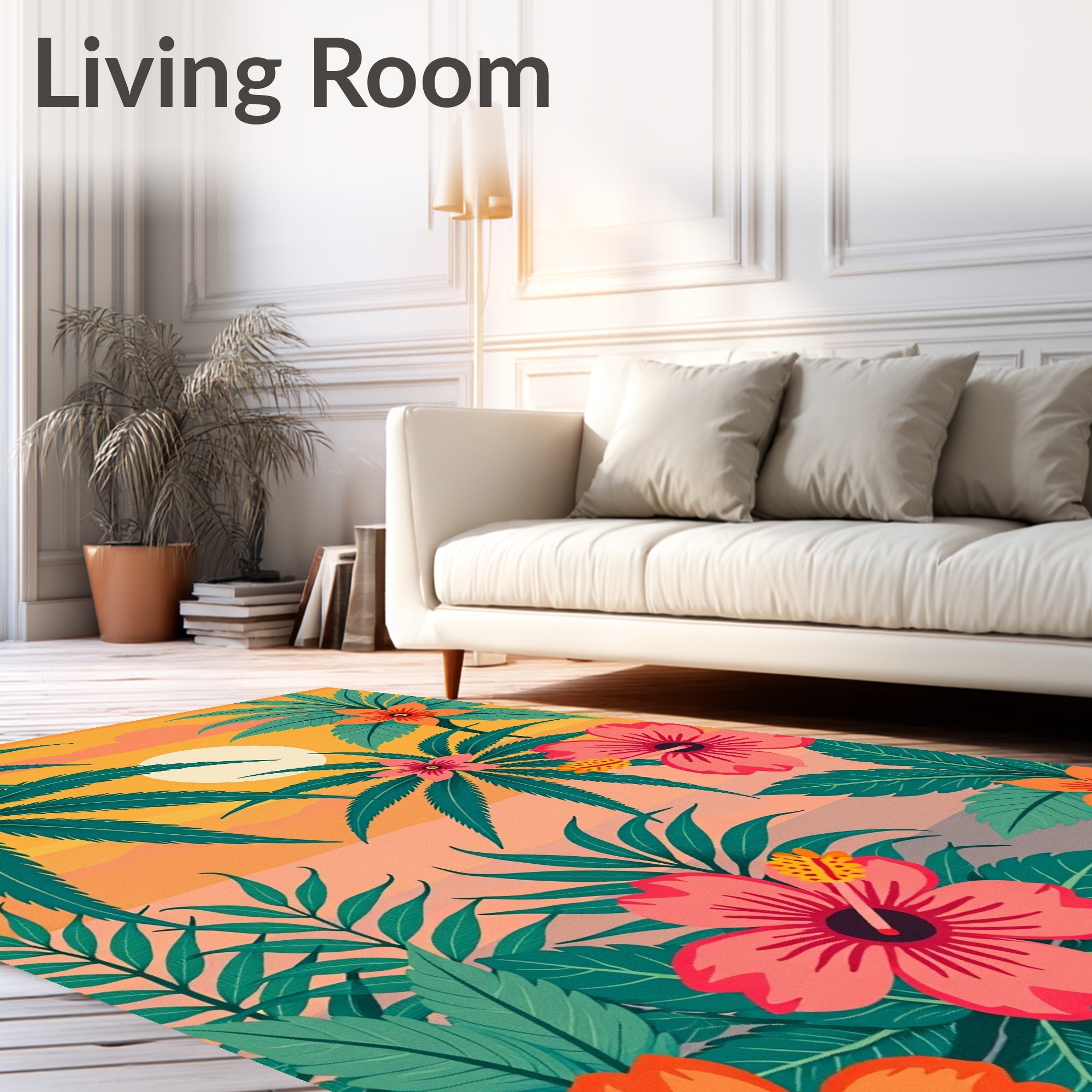 Tropical Leaf and Hibiscus Sunset Design Rug