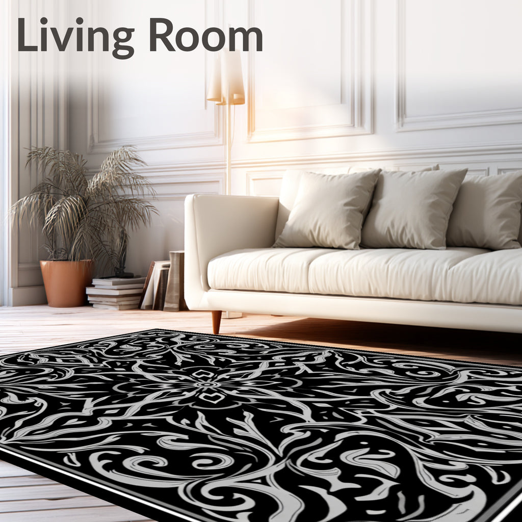 Intricate Black Grey Floral Symmetry Rug