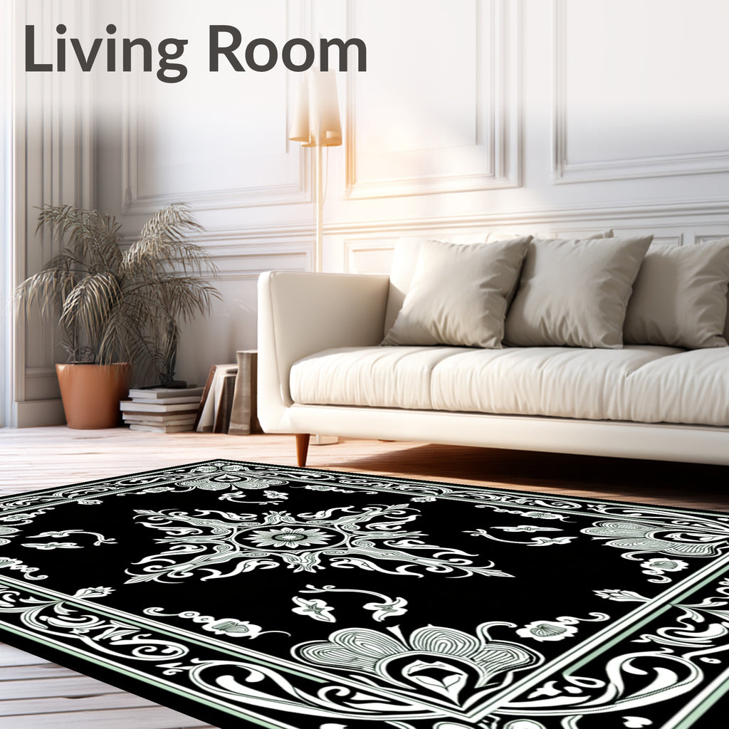Intricate Floral Symmetry Black White Rug